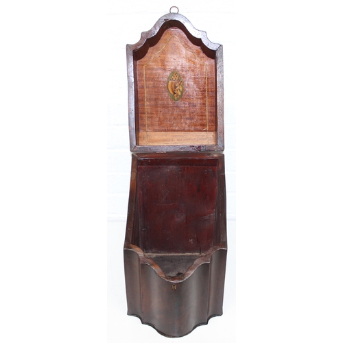 274 - An antique mahogany serpentine-fronted knife box with inlaid details, early 19th century, lacking in... 