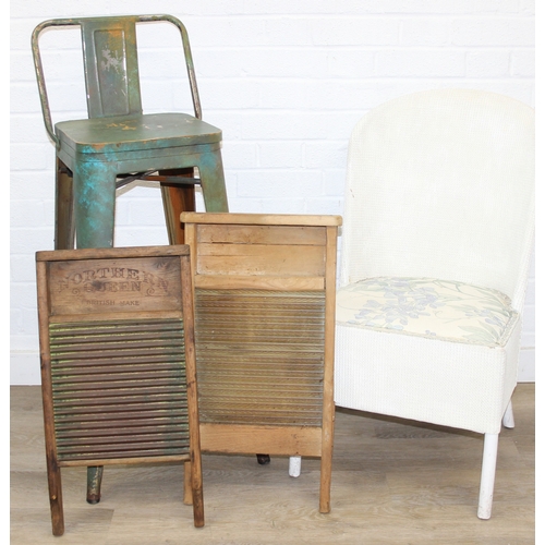 79 - Four items of vintage furniture or woodenware to inc a green painted industrial style stool, a Lloyd... 