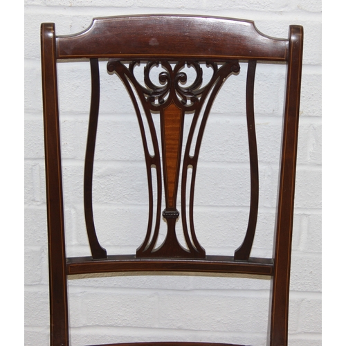 97 - A pair of antique mahogany bedroom chairs with inlaid back, both labels under for J.A. Shoolbred of ... 
