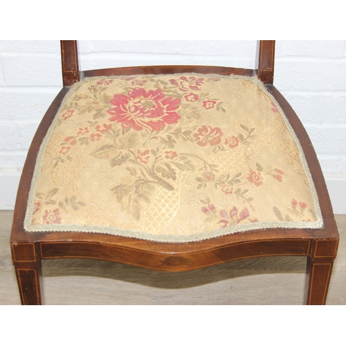 97 - A pair of antique mahogany bedroom chairs with inlaid back, both labels under for J.A. Shoolbred of ... 