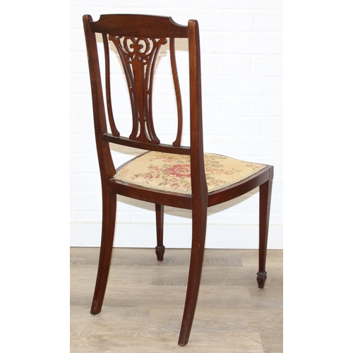 97 - A pair of antique mahogany bedroom chairs with inlaid back, both labels under for J.A. Shoolbred of ... 