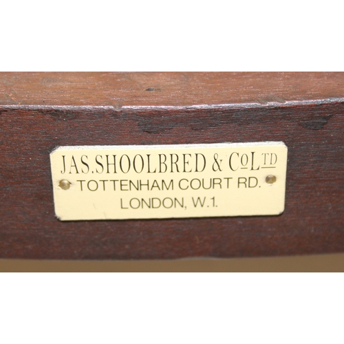 97 - A pair of antique mahogany bedroom chairs with inlaid back, both labels under for J.A. Shoolbred of ... 