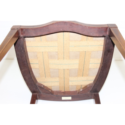 97 - A pair of antique mahogany bedroom chairs with inlaid back, both labels under for J.A. Shoolbred of ... 