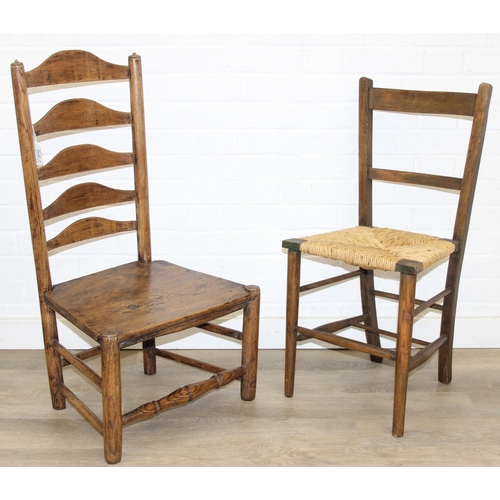 81 - An antique ladder-back low chair with elm seat, 90cm tall, and an Arts & Crafts period side chair wi... 