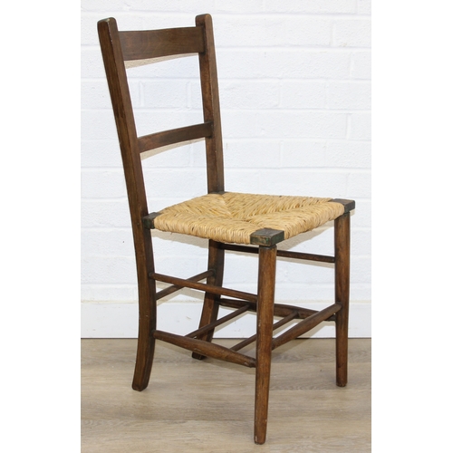 81 - An antique ladder-back low chair with elm seat, 90cm tall, and an Arts & Crafts period side chair wi... 