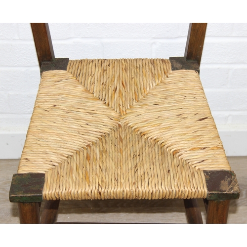 81 - An antique ladder-back low chair with elm seat, 90cm tall, and an Arts & Crafts period side chair wi... 