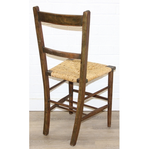 81 - An antique ladder-back low chair with elm seat, 90cm tall, and an Arts & Crafts period side chair wi... 