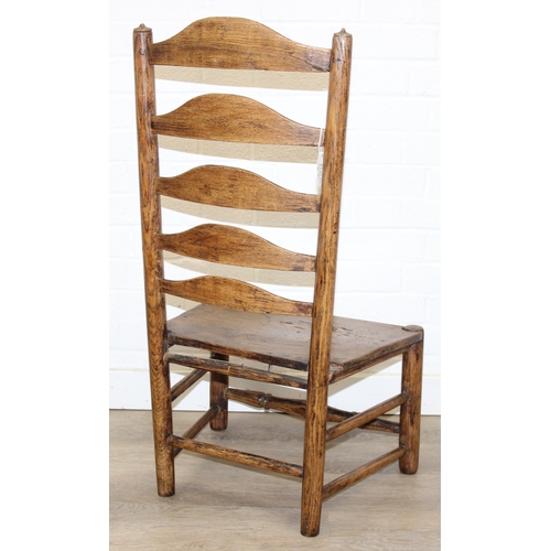 81 - An antique ladder-back low chair with elm seat, 90cm tall, and an Arts & Crafts period side chair wi... 