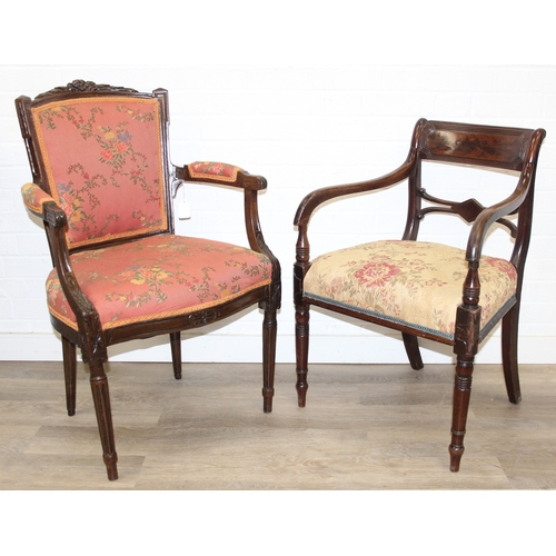 104 - A Regency style open armchair with later floral upholstery, 94cm tall & a Georgian mahogany carver a... 