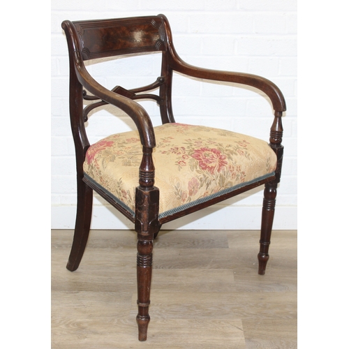 104 - A Regency style open armchair with later floral upholstery, 94cm tall & a Georgian mahogany carver a... 