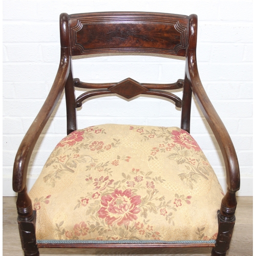 104 - A Regency style open armchair with later floral upholstery, 94cm tall & a Georgian mahogany carver a... 