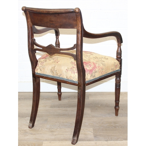 104 - A Regency style open armchair with later floral upholstery, 94cm tall & a Georgian mahogany carver a... 