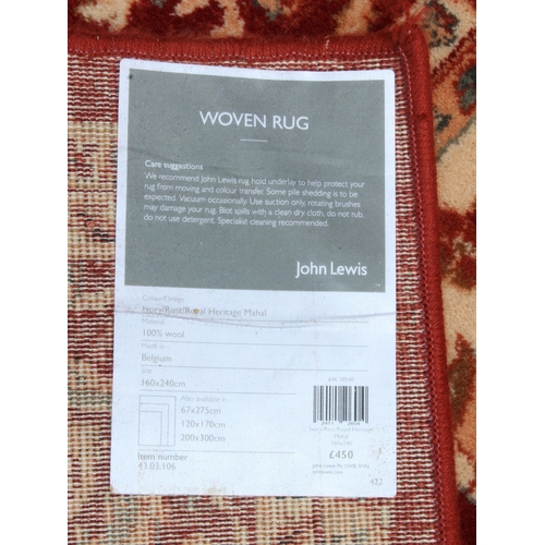 201 - A large John Lewis rug, Royal Heritage Mahal design in ivory and rust colouring, wool, original RRP ... 
