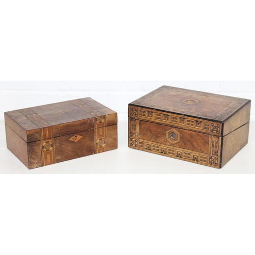 278 - Two antique Tunbridgeware style wooden boxes with inlaid banding, largest 30cm x 22cm x 14cm [2]