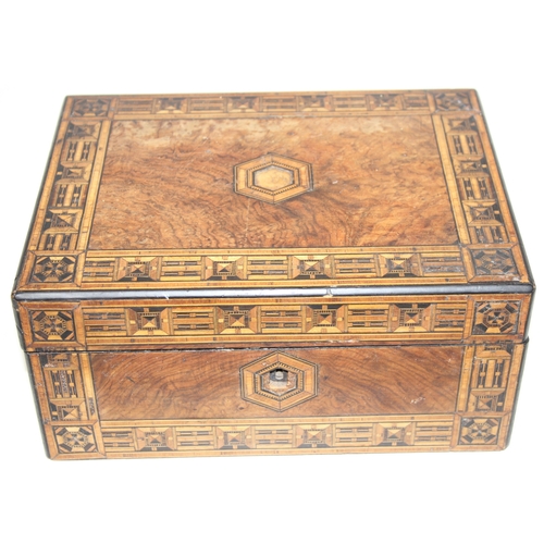 278 - Two antique Tunbridgeware style wooden boxes with inlaid banding, largest 30cm x 22cm x 14cm [2]