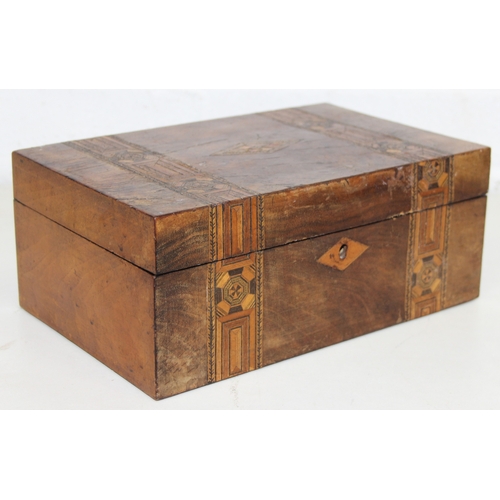 278 - Two antique Tunbridgeware style wooden boxes with inlaid banding, largest 30cm x 22cm x 14cm [2]