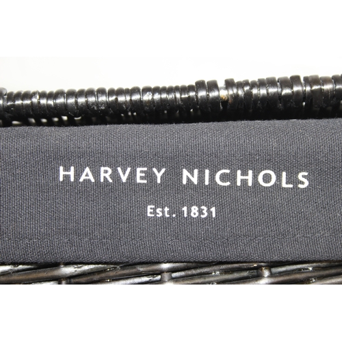 280 - Two black Harvey Nichols hamper baskets with buckled straps and canvas lining, 44cm x 32cm x 20cm [2... 