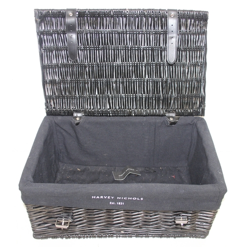 280 - Two black Harvey Nichols hamper baskets with buckled straps and canvas lining, 44cm x 32cm x 20cm [2... 