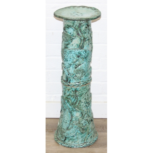 281 - An unusual studio pottery jardinière stand, decorated with dragon and flowers with turquoise glaze, ... 