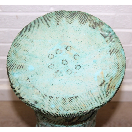 281 - An unusual studio pottery jardinière stand, decorated with dragon and flowers with turquoise glaze, ... 