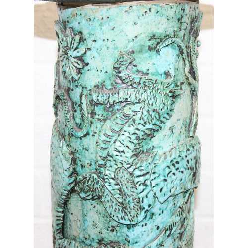 281 - An unusual studio pottery jardinière stand, decorated with dragon and flowers with turquoise glaze, ... 