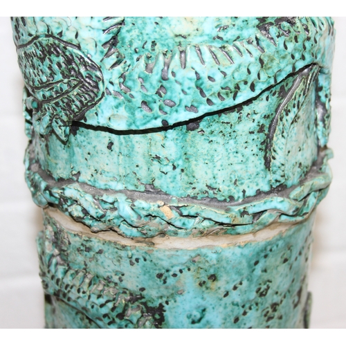 281 - An unusual studio pottery jardinière stand, decorated with dragon and flowers with turquoise glaze, ... 