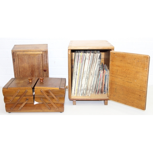 282 - Small wooden cabinet with a qty of vinyl records, wooden sewing box with contents, and a small wall ... 