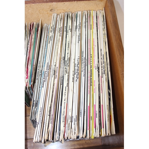 282 - Small wooden cabinet with a qty of vinyl records, wooden sewing box with contents, and a small wall ... 