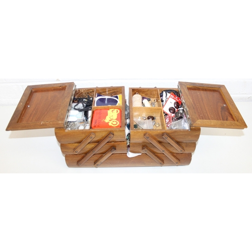 282 - Small wooden cabinet with a qty of vinyl records, wooden sewing box with contents, and a small wall ... 