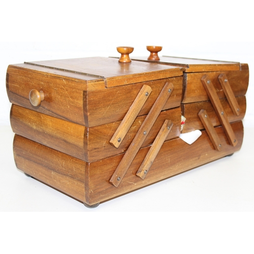 282 - Small wooden cabinet with a qty of vinyl records, wooden sewing box with contents, and a small wall ... 