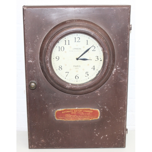 283 - A modern industrial style painted metal wall cabinet with inset clock, the dial marked for J. Pascal... 