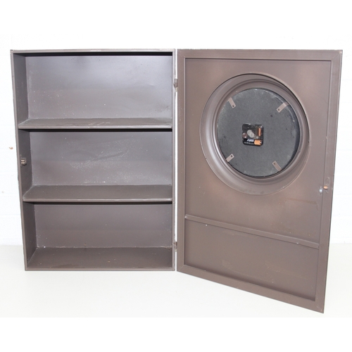 283 - A modern industrial style painted metal wall cabinet with inset clock, the dial marked for J. Pascal... 