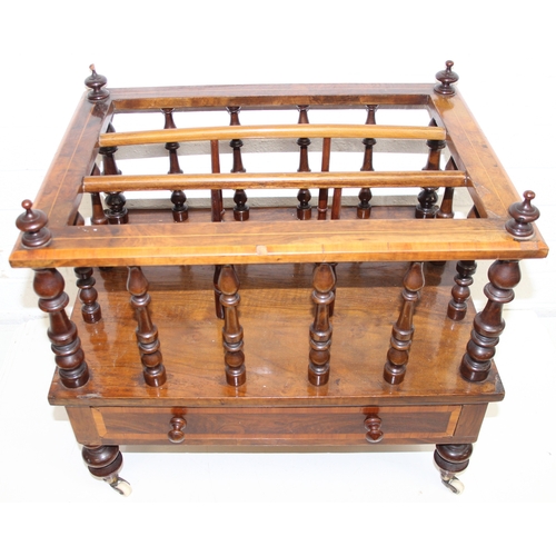 30 - A 19th century walnut Canterbury or magazine rack with single drawer, turned supports and brass and ... 