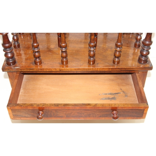 30 - A 19th century walnut Canterbury or magazine rack with single drawer, turned supports and brass and ... 