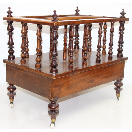30 - A 19th century walnut Canterbury or magazine rack with single drawer, turned supports and brass and ... 