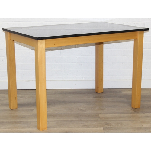 13 - A modern dining table with black slate top and two chairs, light oak finish, 110cm x 70cm x 75cm