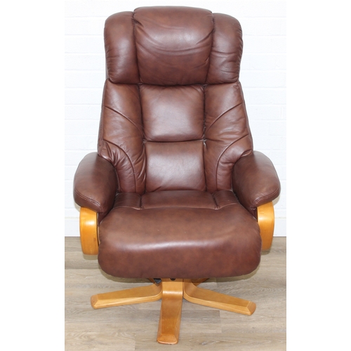 11 - An Ekornes style brown leather reclining armchair with matching footstool, splayed base, 76cm wide x... 