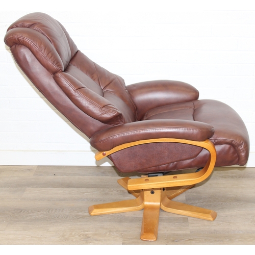 11 - An Ekornes style brown leather reclining armchair with matching footstool, splayed base, 76cm wide x... 