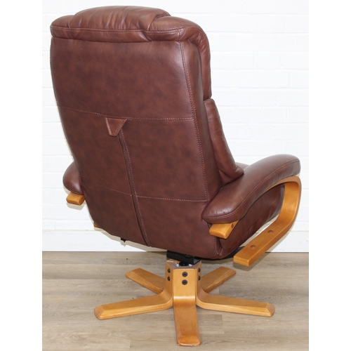 11 - An Ekornes style brown leather reclining armchair with matching footstool, splayed base, 76cm wide x... 