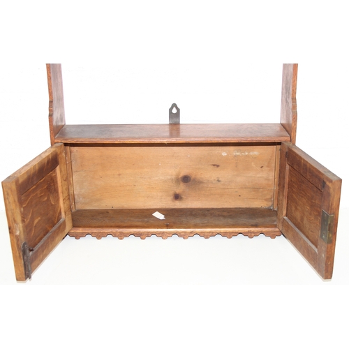 45 - A small oak wall mounted cupboard and shelf unit, early 20th century, 58cm x 15cm x 60cm and a wall ... 