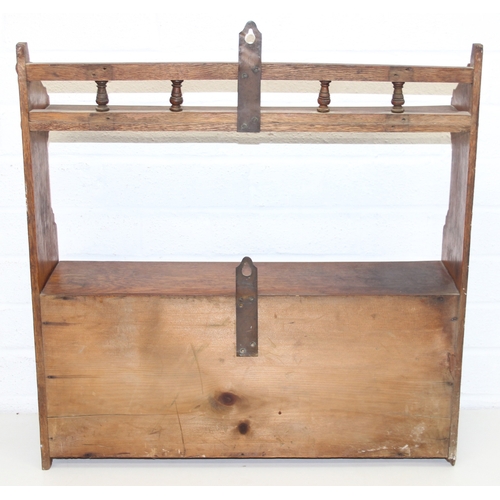 45 - A small oak wall mounted cupboard and shelf unit, early 20th century, 58cm x 15cm x 60cm and a wall ... 