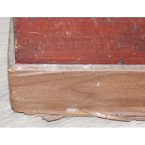 87 - A vintage stained pine trunk or tool box with iron handles, 90cm x 44cm x 43cm