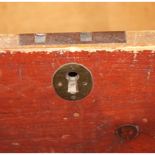 87 - A vintage stained pine trunk or tool box with iron handles, 90cm x 44cm x 43cm