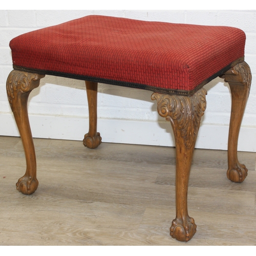 70 - A vintage stool with cabriole legs and ball and claw feet, red upholstered top, 63cm x 47cm x 50cm