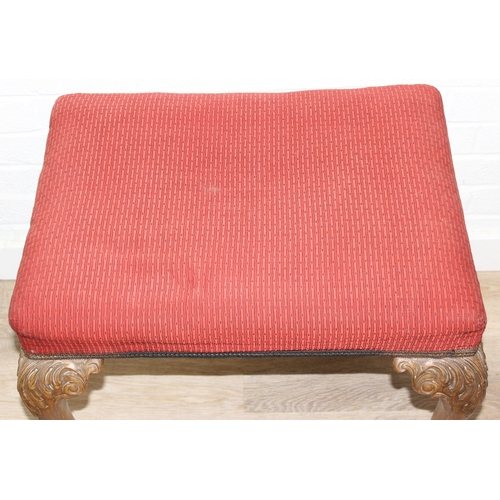 70 - A vintage stool with cabriole legs and ball and claw feet, red upholstered top, 63cm x 47cm x 50cm