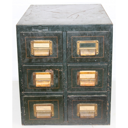 95 - A 1930's Roneo six drawer set of filing drawers, green painted with pin striping and brass cup handl... 