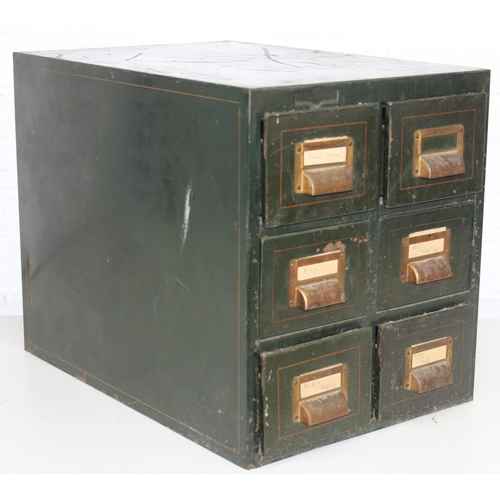 95 - A 1930's Roneo six drawer set of filing drawers, green painted with pin striping and brass cup handl... 