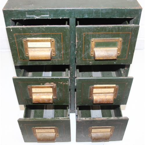 95 - A 1930's Roneo six drawer set of filing drawers, green painted with pin striping and brass cup handl... 