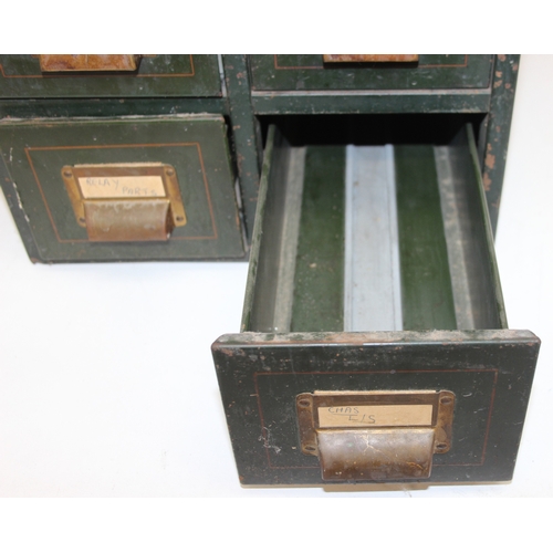 95 - A 1930's Roneo six drawer set of filing drawers, green painted with pin striping and brass cup handl... 