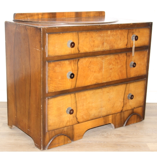 110 - An Art Deco period walnut effect three drawer chest of drawers, 87cm x 44cm x 76cm